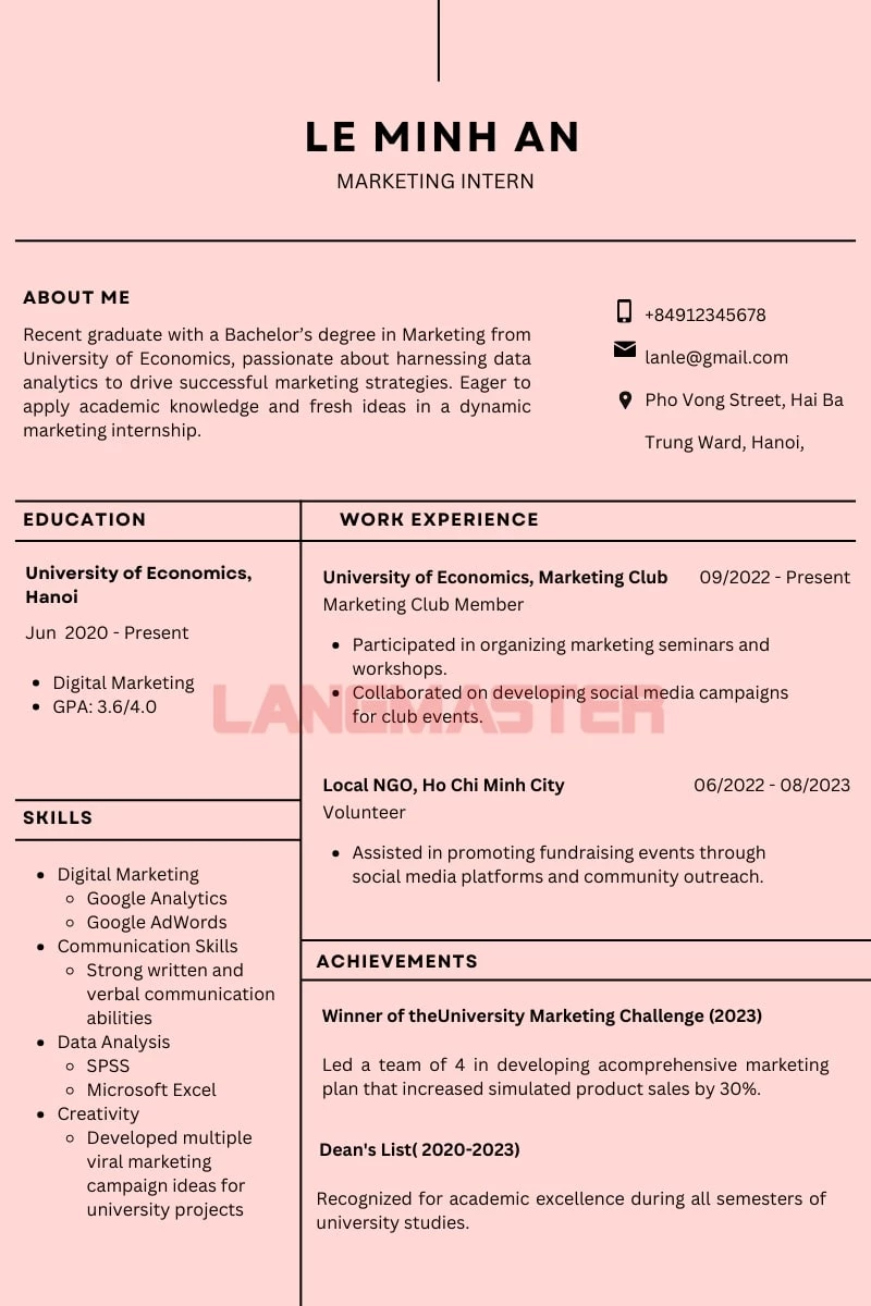 Mẫu viết CV bằng tiếng Anh cho sinh viên thực tập ngành Marketing