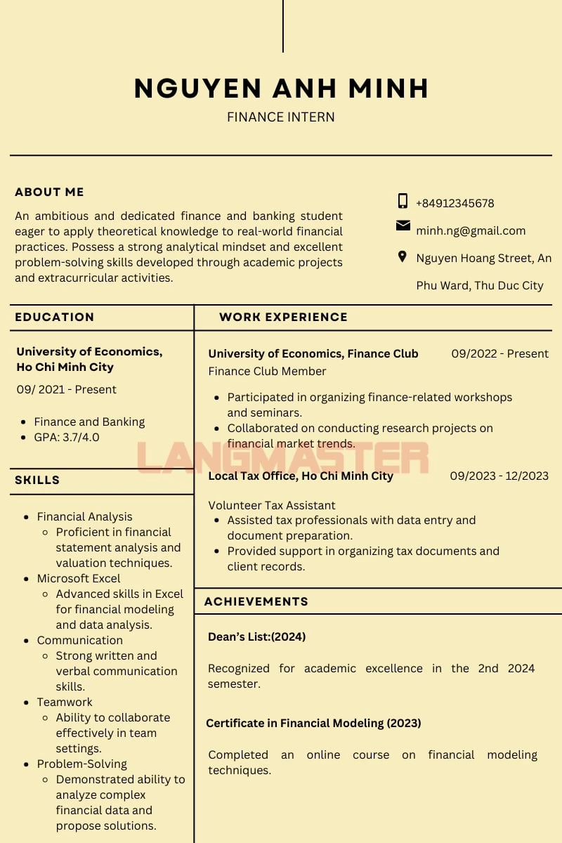 Mẫu viết CV bằng tiếng Anh cho sinh viên thực tập ngành Tài chính - Ngân hàng