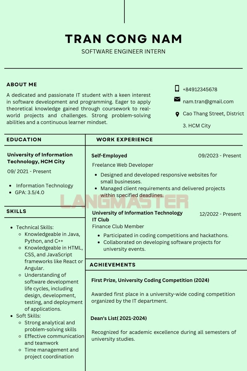 Mẫu viết CV bằng tiếng Anh cho sinh viên thực tập ngành Công nghệ Thông tin