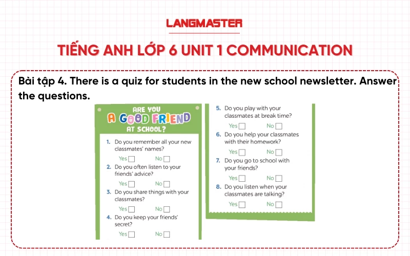 Bài 4 Tiếng Anh lớp 6 Unit 1 Communication Global Success