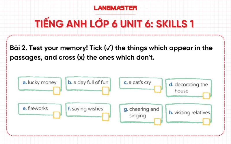 Bài 2 Tiếng Anh lớp 6 Unit 6 Skills 1 sách Global Success