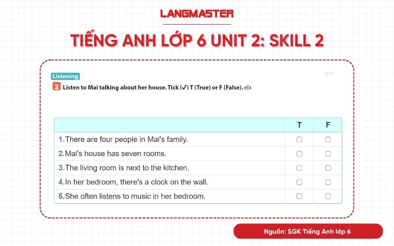 Tiếng Anh lớp 6 Unit 2 Skills 1