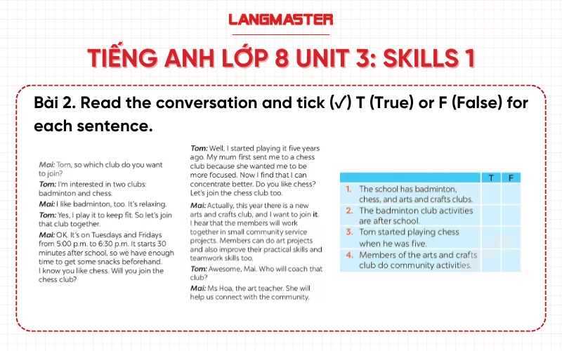 Bài 2 Tiếng Anh 8 Unit 3 Skills 1 sách Global Success