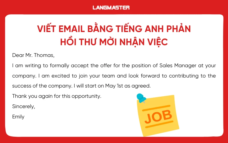 Viết email bằng tiếng Anh phản hồi thư mời nhận việc