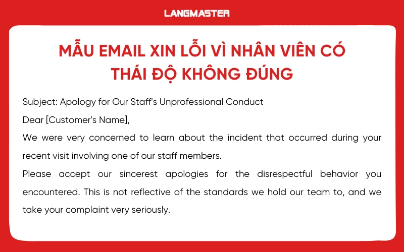 Mẫu email xin lỗi vì nhân viên có thái độ không đúng