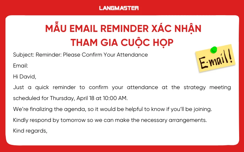 Mẫu email nhắc nhở xác nhận tham gia cuộc họp