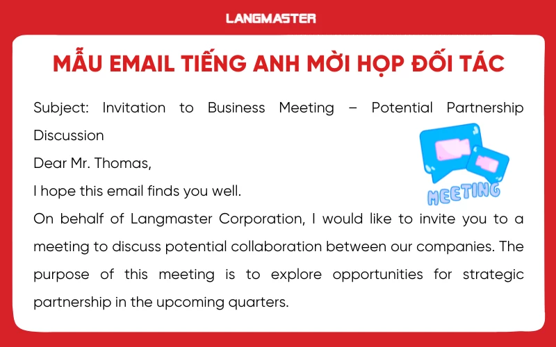 Mẫu email tiếng Anh mời hợp với đối tác nước ngoài