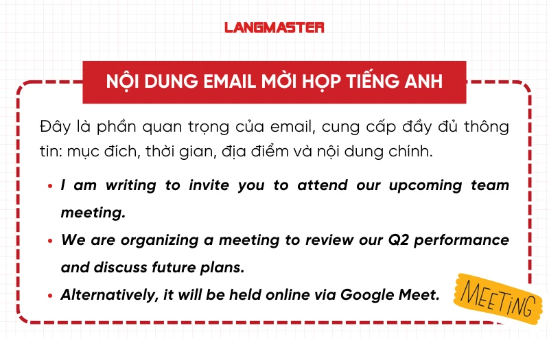 Nội dung chính email mời họp bằng tiếng Anh