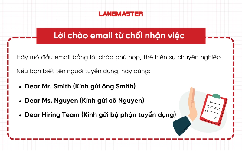 Lời chào email từ chối nhận việc bằng tiếng Anh