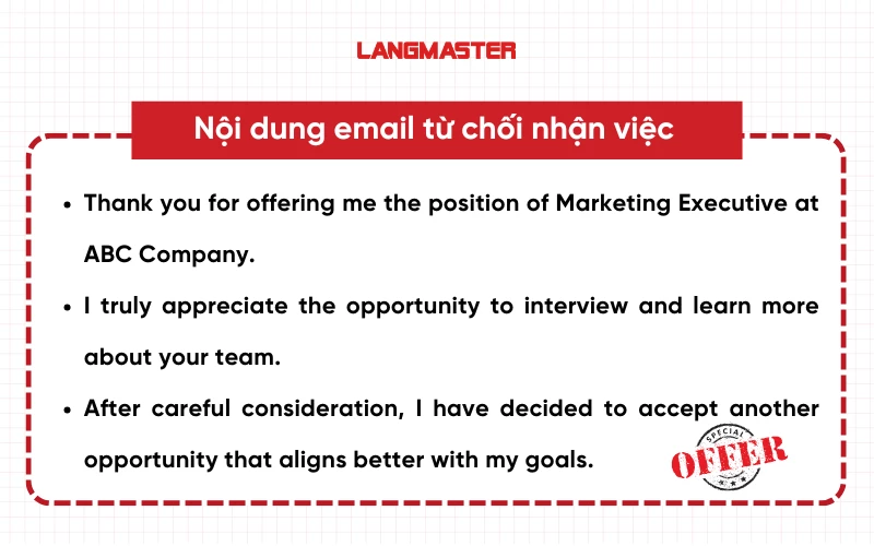 Nội dung email từ chối nhận việc bằng tiếng Anh