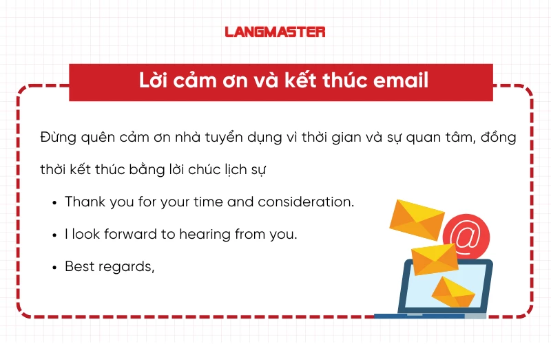 Lời cảm ơn và kết thúc email hỏi kết quả phỏng vấn tiếng Anh