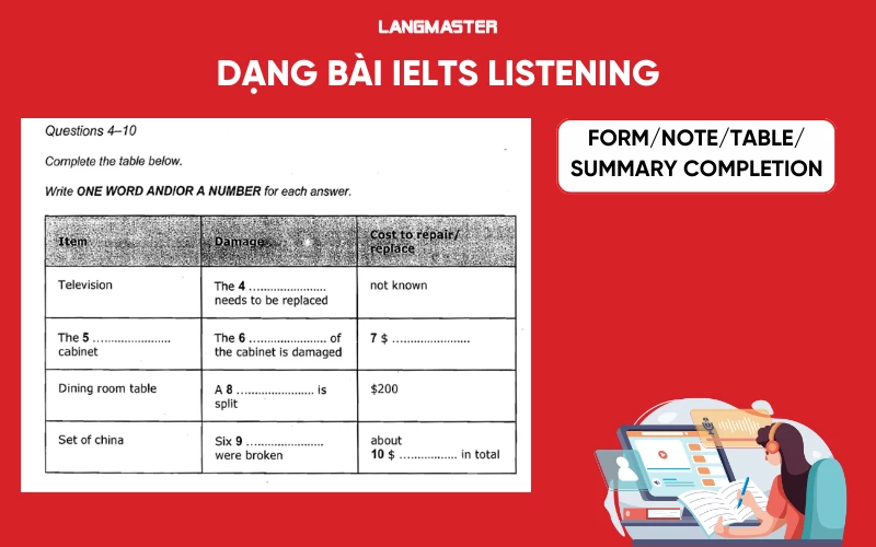 Các dạng bài IELTS Listening Form/Note/Table/Summary Completion