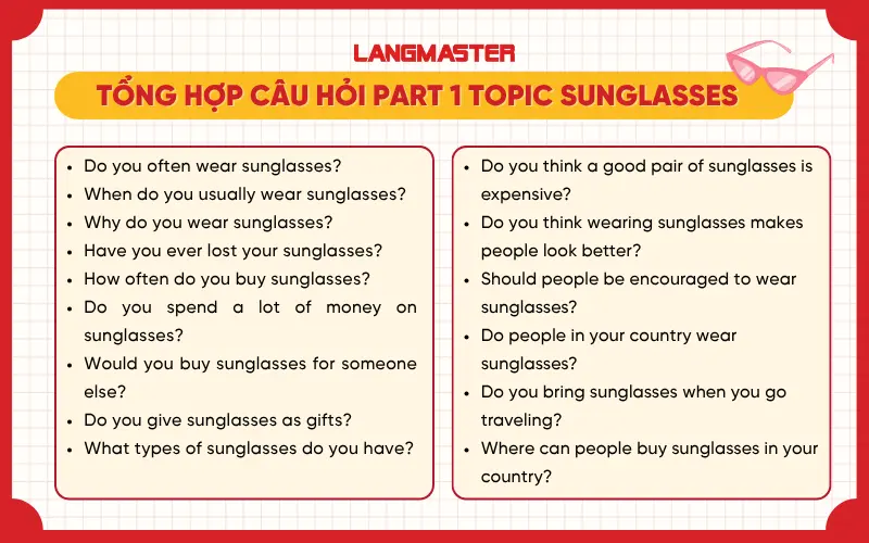 Câu hỏi IELTS Speaking Part 1 topic Sunglasses