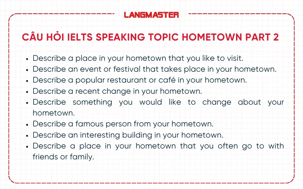 Câu hỏi IELTS Speaking Topic Hometown Part 2