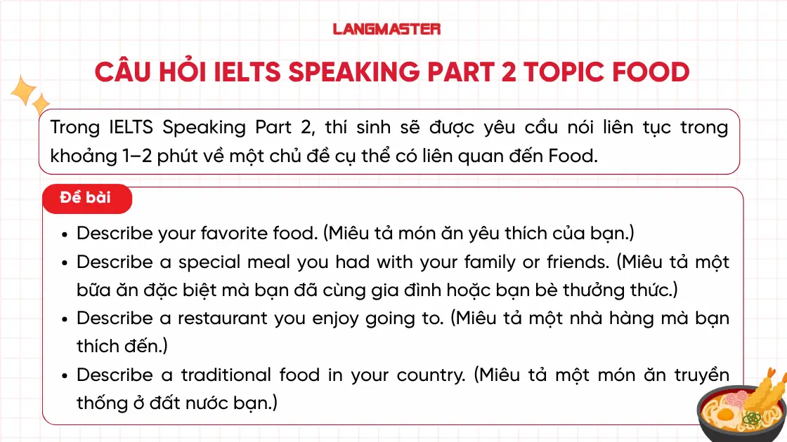 Câu hỏi IELTS Speaking Topic Food Part 2