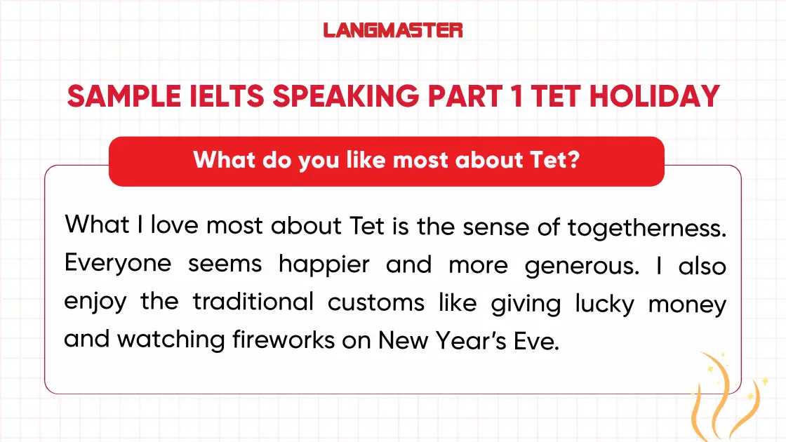 Bài mẫu IELTS Speaking Part 1 topic Tet holiday thường gặp