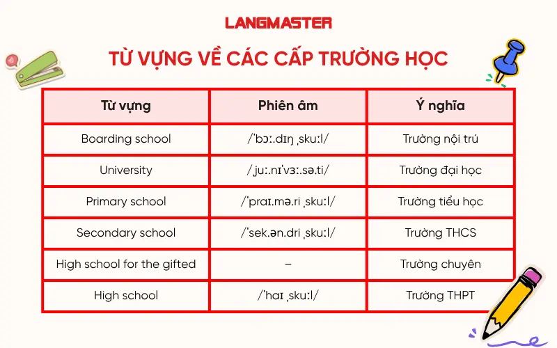 Từ vựng về các cấp trường học