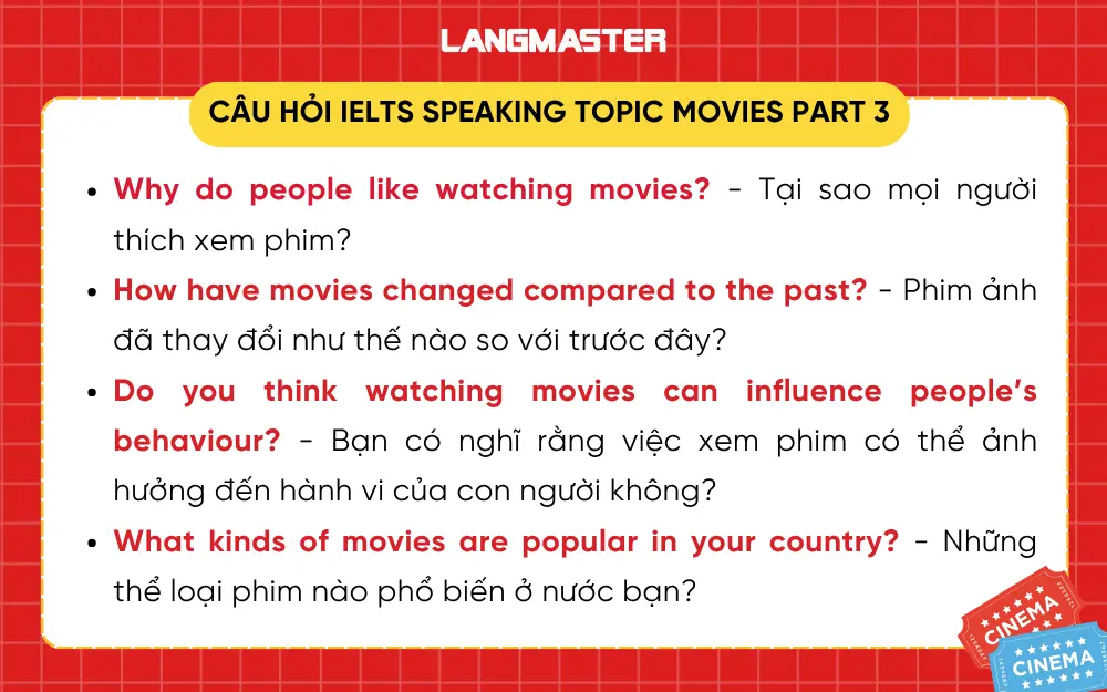 Câu hỏi IELTS Speaking Topic Movies Part 3