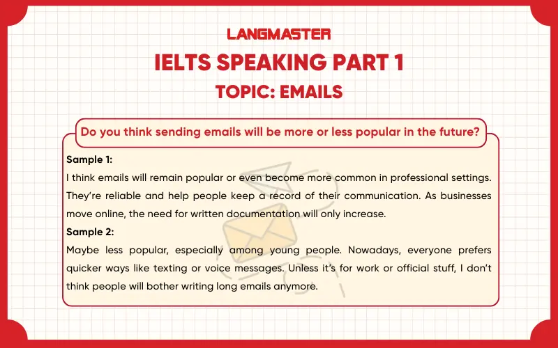 Do you think sending emails will be more or less popular in the future? ielts speaking part 1