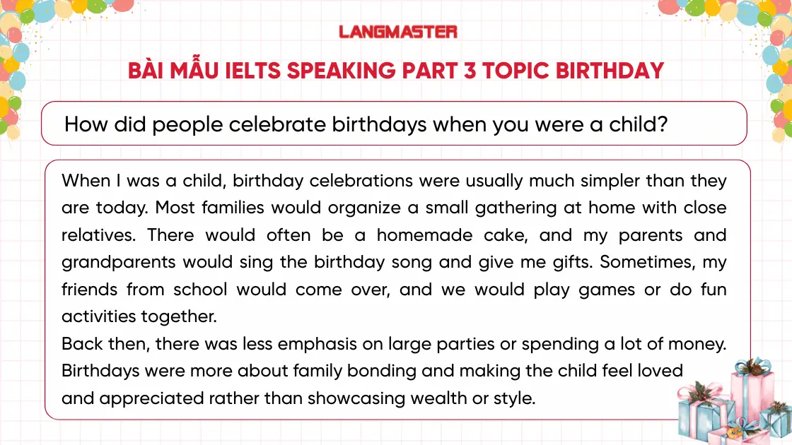 Bài mẫu IELTS Speaking Part 3 topic Birthday thường gặp