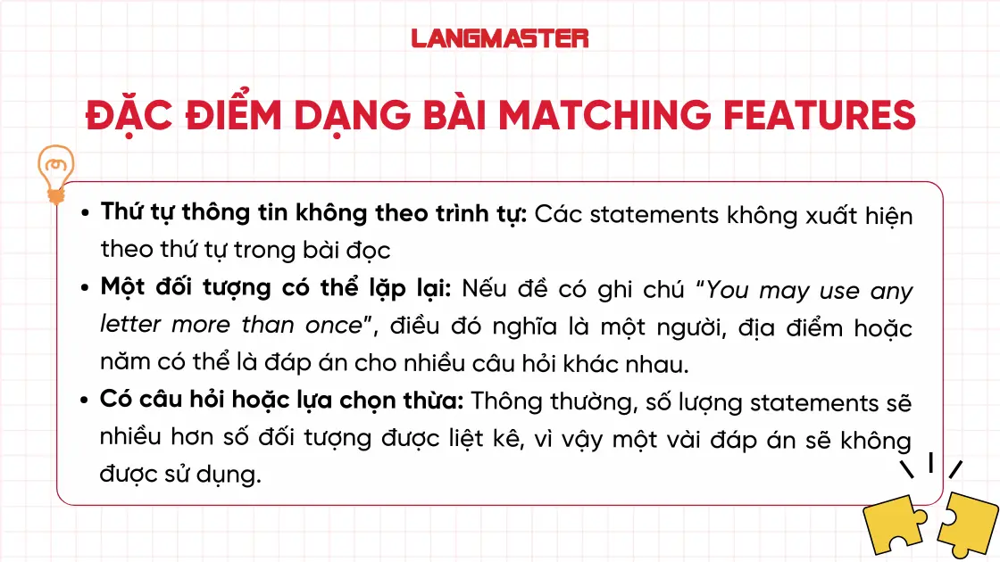 Đặc điểm dạng bài Matching Features ielts reading