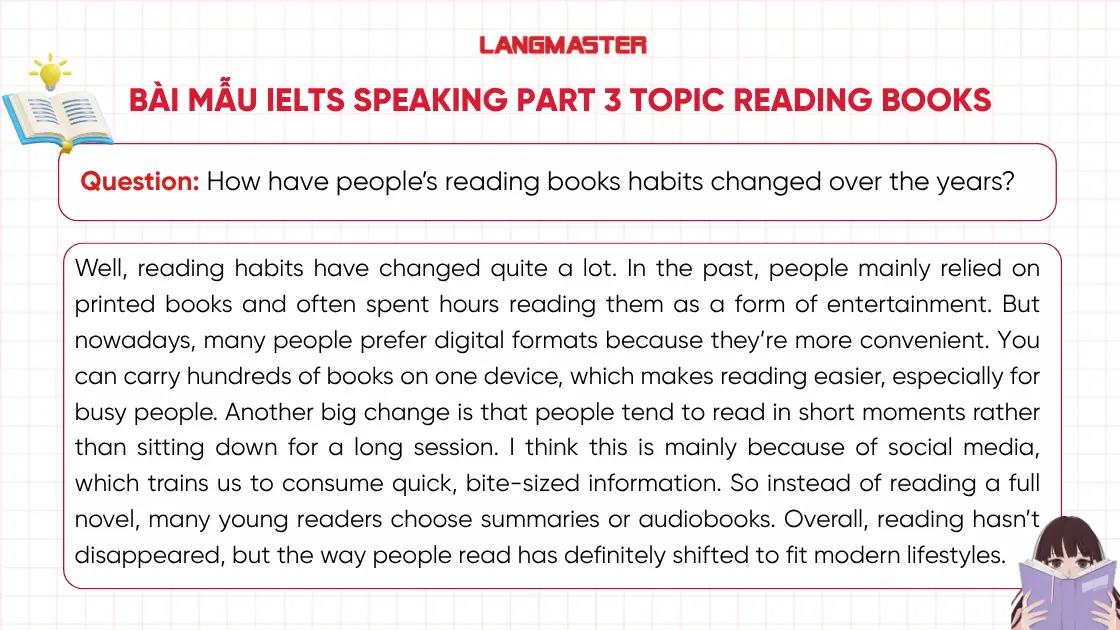 Bài mẫu IELTS Speaking Part 3 topic Reading Books thường gặp