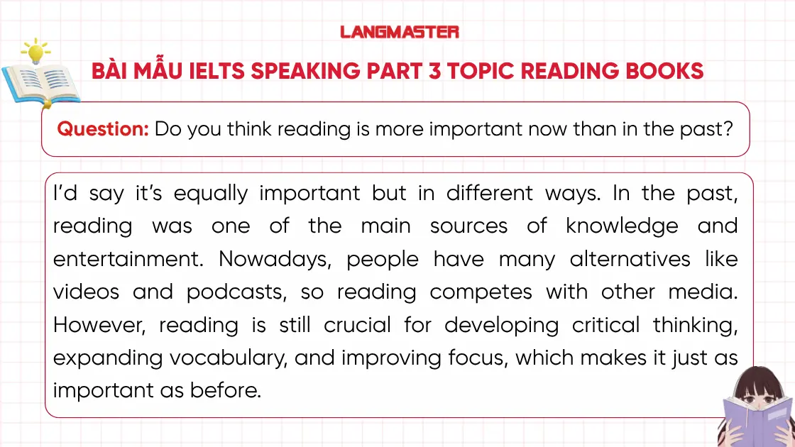 Do you think reading is more important now than in the past? ielts speaking part 3 reading books