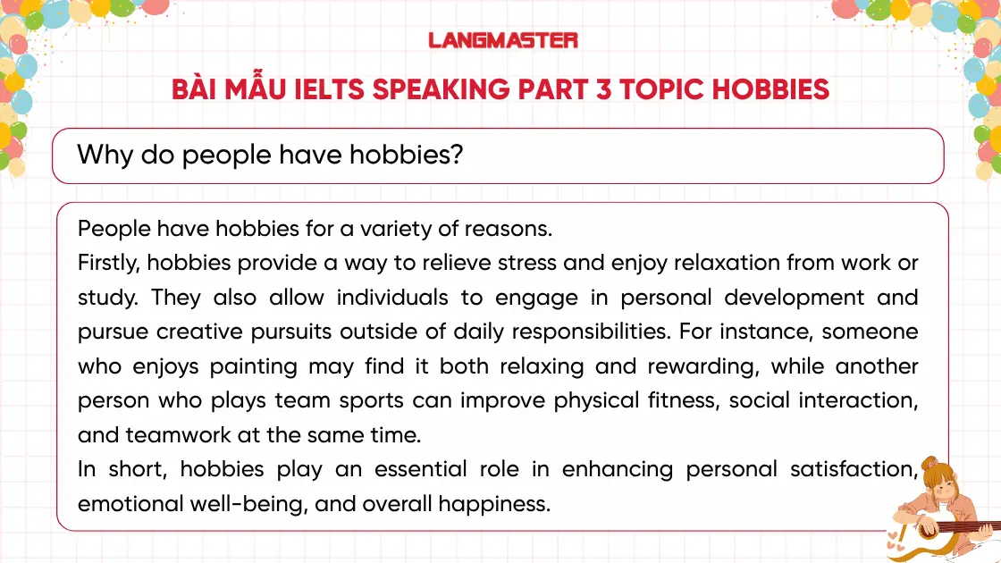 Why do people have hobbies? sample ielts speaking part 3