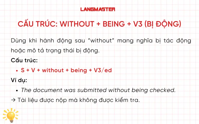 Cấu trúc với without: Without + Being + V3
