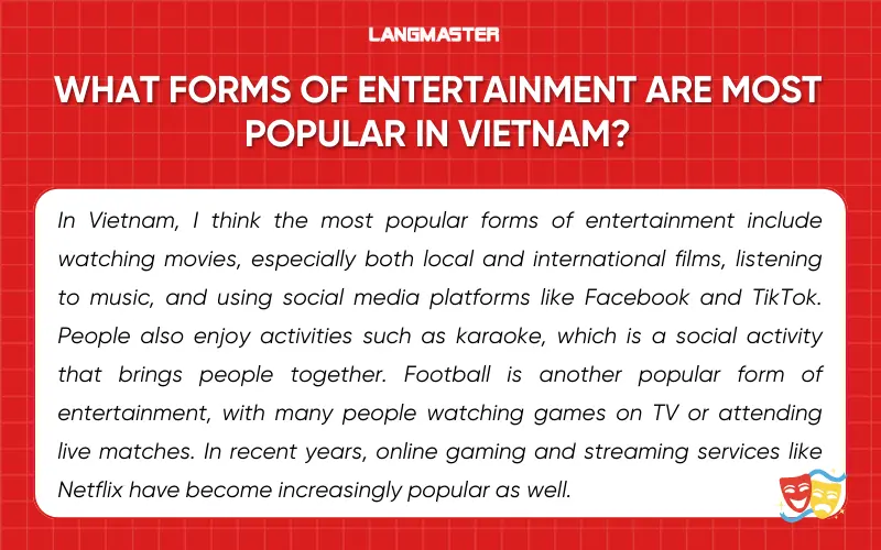 Bài mẫu topic Entertainment IELTS Speaking Part 3