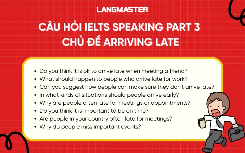 Câu hỏi IELTS Speaking Part 3 chủ đề Arriving Late