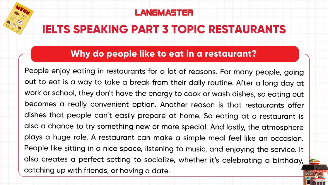 Bài mẫu IELTS Speaking Part 3 topic Restaurant