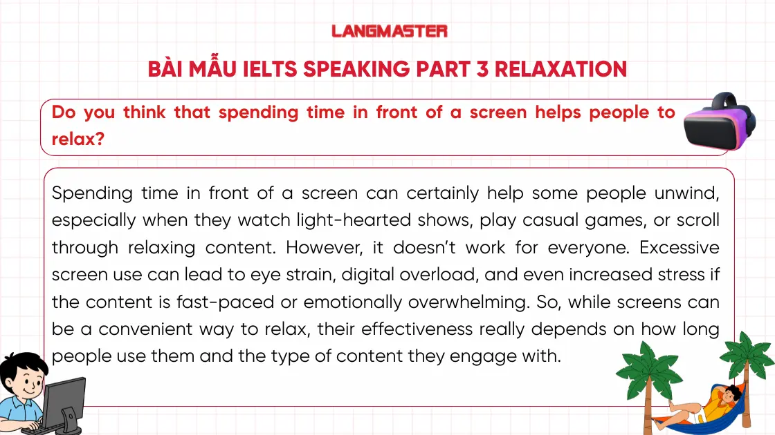 Bài mẫu IELTS Speaking Part 3 topic Relaxation thường gặp