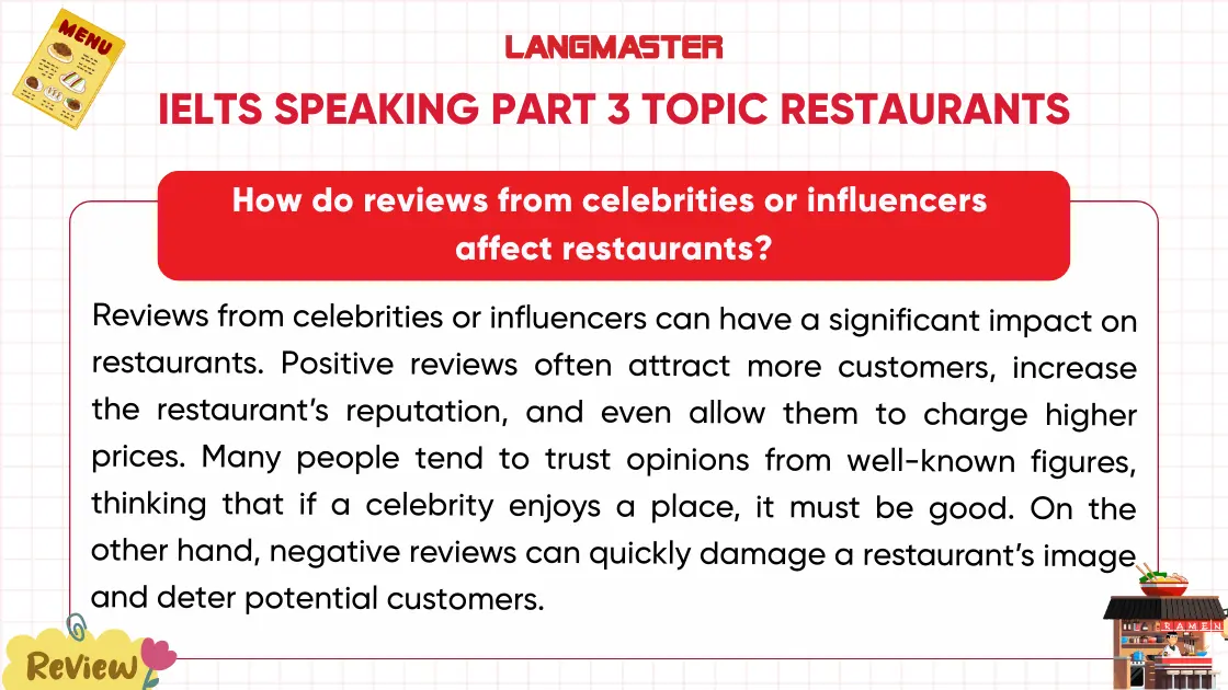 Bài mẫu IELTS Speaking Part 3 topic Restaurant