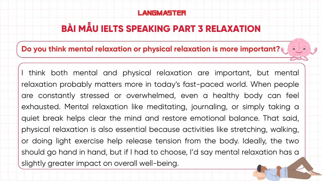Bài mẫu IELTS Speaking Part 3 topic Relaxation thường gặp