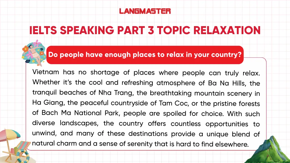 Bài mẫu IELTS Speaking Part 3 topic Relaxation thường gặp