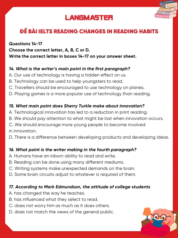 Đề bài IELTS Reading Changes in reading habits