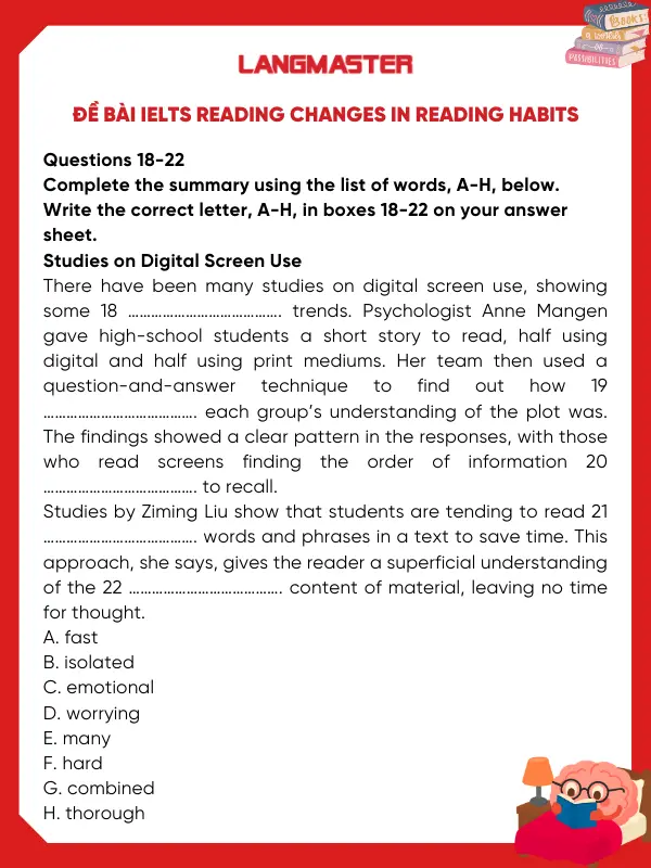 Đề bài IELTS Reading Changes in reading habits