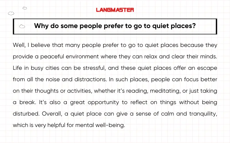 Sample IELTS Speaking Part 3 Quiet Place