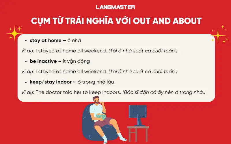 Cụm từ trái nghĩa với out and about