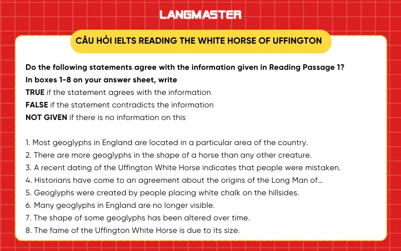 Câu hỏi IELTS Reading The white horse of uffington