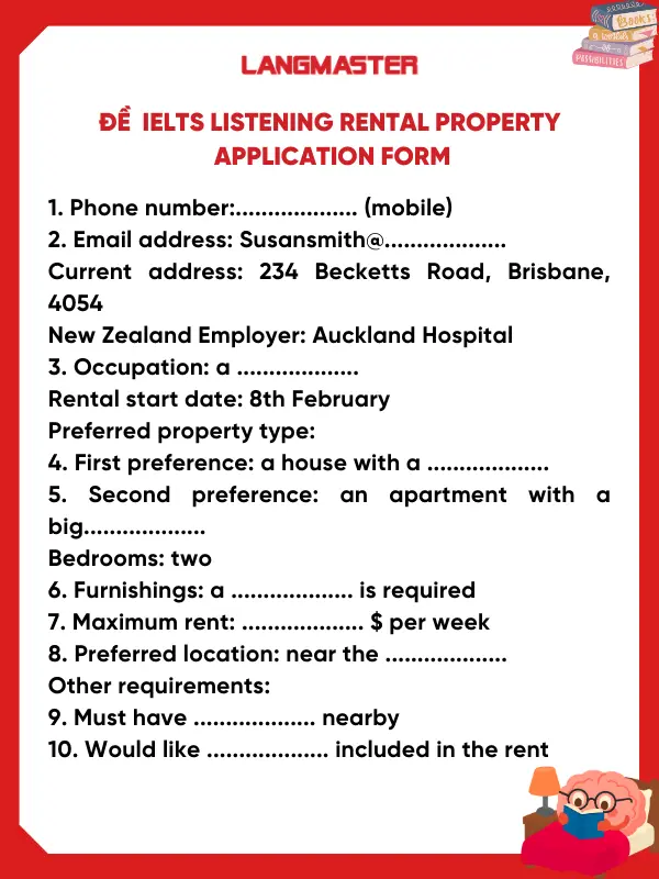 Đề bài IELTS Listening Rental property application form