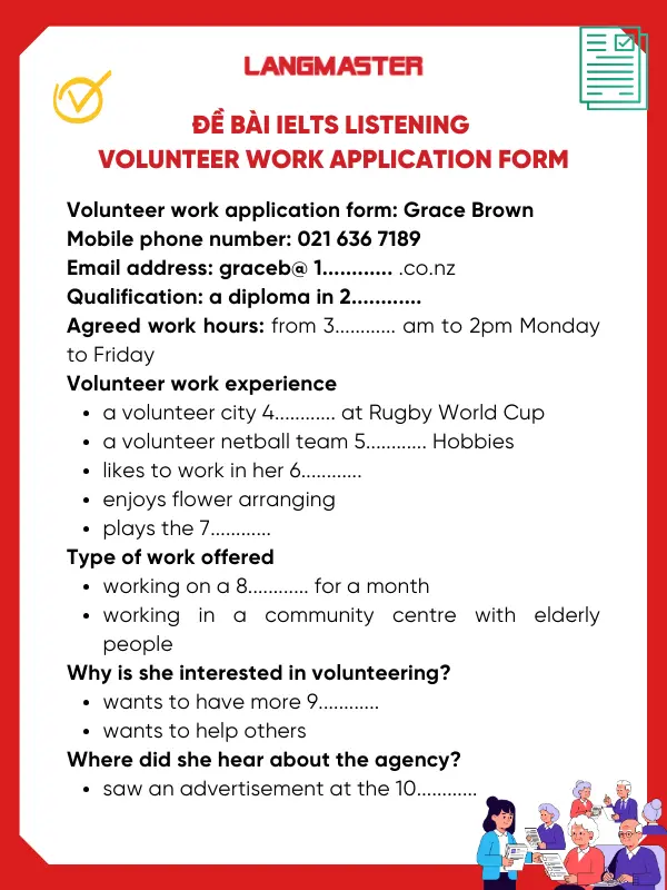 Đề bài IELTS Listening Volunteer work application form