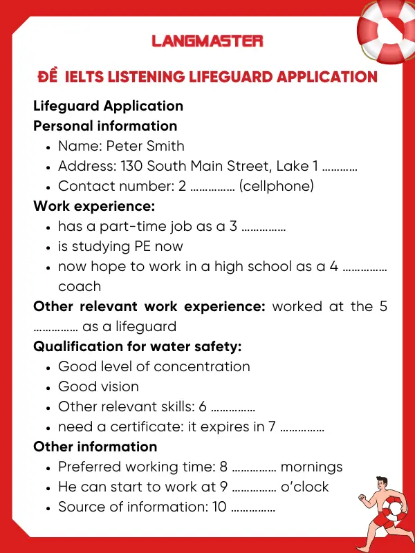 Đề bài IELTS Listening Lifeguard application
