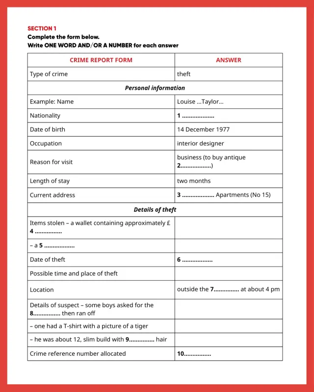 Cambridge 14 IELTS Listening Test 1 Section 1 Crime Report Form