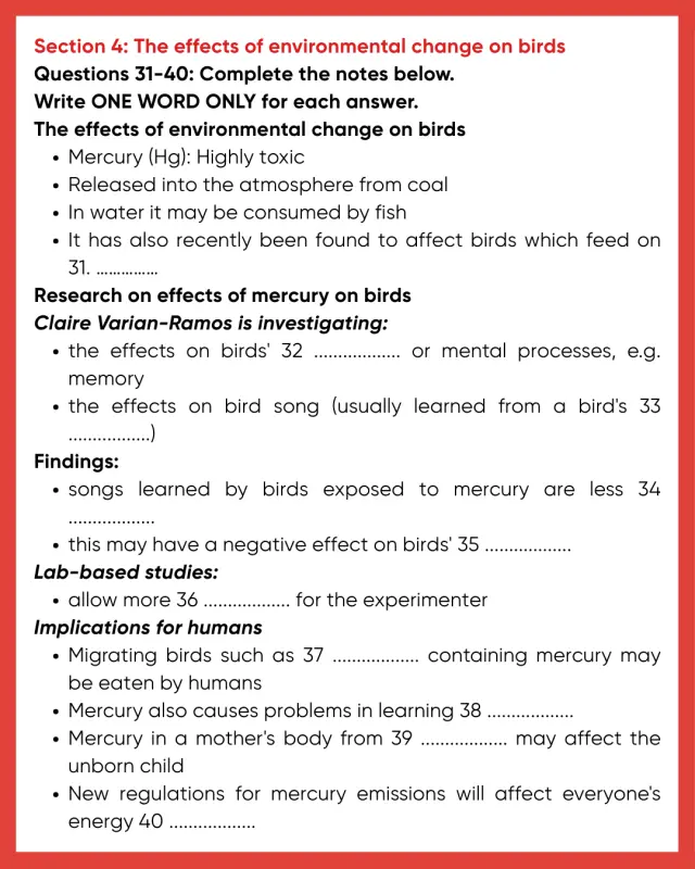 Đề bài IELTS Listening Cambridge 12 test 3 Section 4 The effects of environmental change on birds