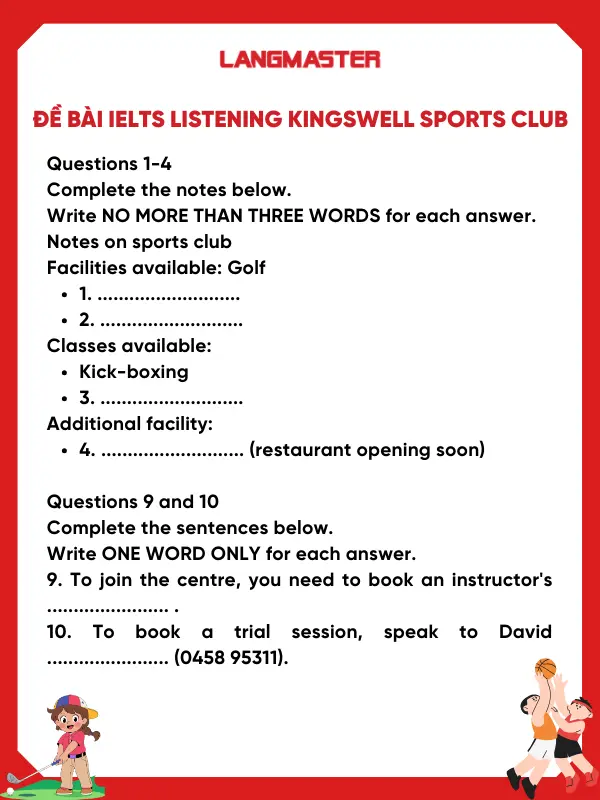 Đề bài notes on sports club ielts listening
