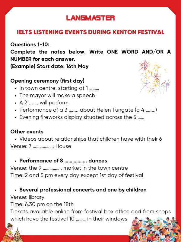 Đề bài IELTS Listening Events during Kenton festival