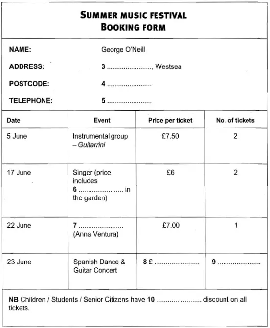 IELTS Listening Summer music festival booking form 