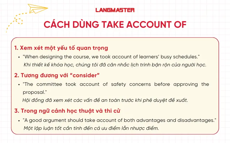 Cách dùng take account of